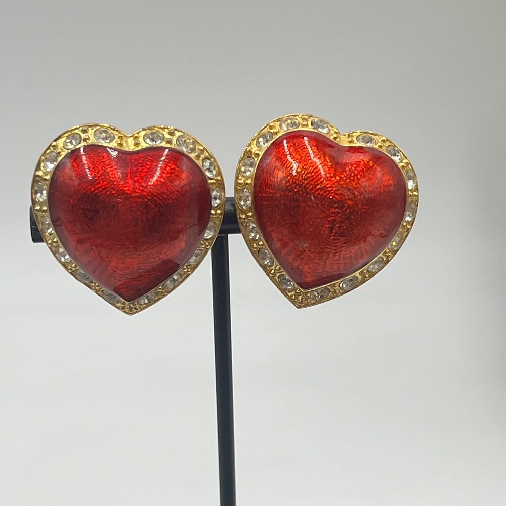 Victoria's Secret Vintage Puffy Enamel Heart Rhinestone Statement clip‎ Earrings